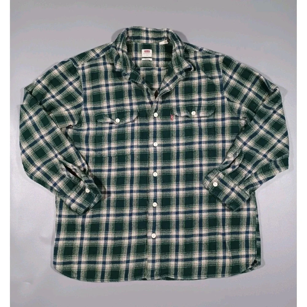 Levis Shirt Mens L Green Blue Cream Plaid‎ Button Up Workshirt Relaxed Fit